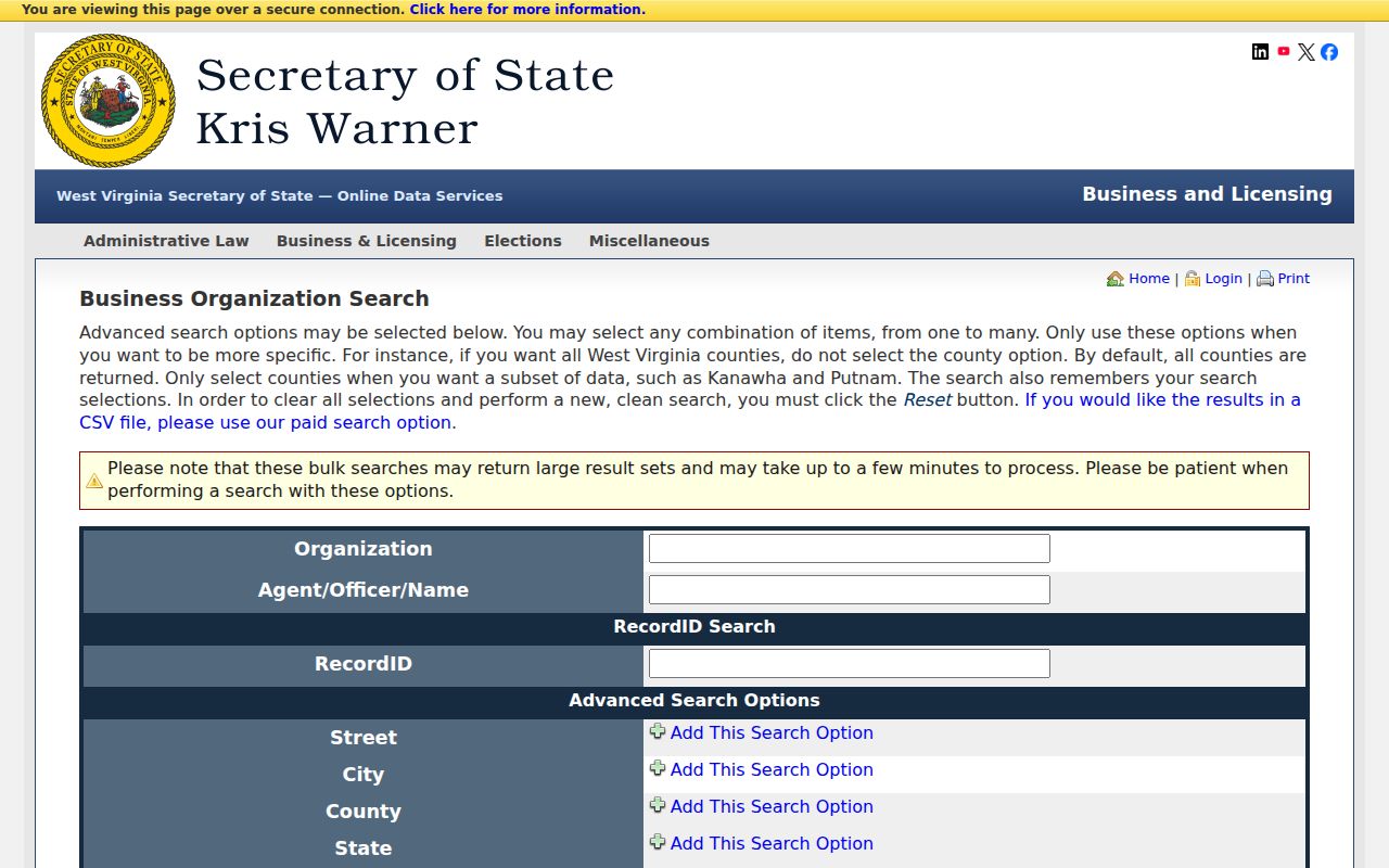 Randolph County property search research using West Virginia business entity filters